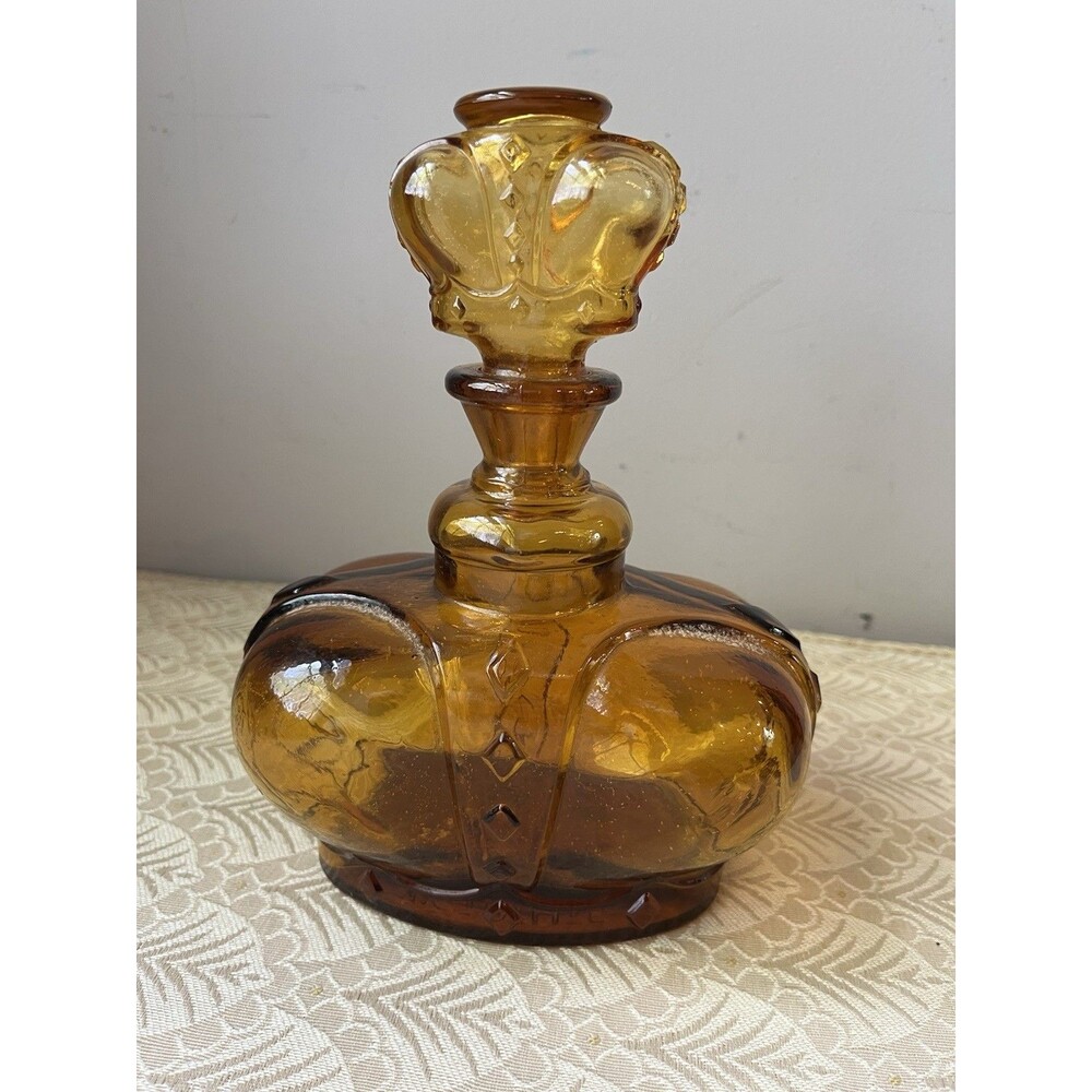 Decanter,  Amber Glass Crown Shaped  By Victory Lite.  6” wide 8”Height Vintage